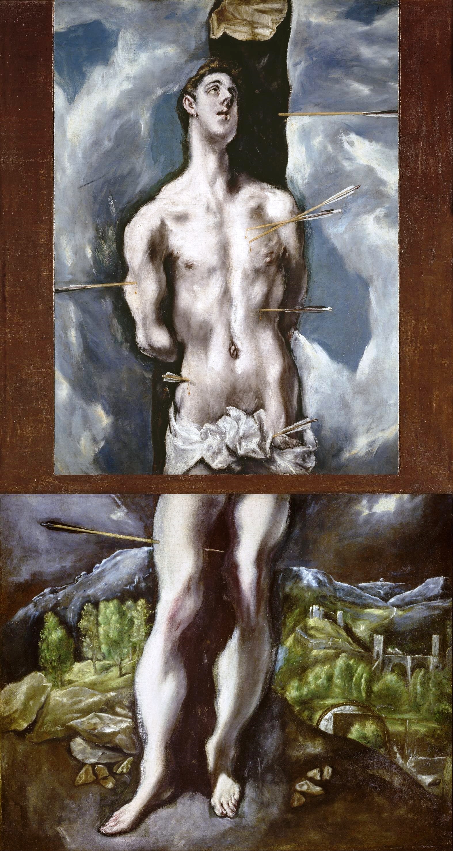São Sebastião, por El Greco (c. 1577–1578) — Museo del Prado. São Sebastião aparece na história dos Santos Marcos e Marceliano.